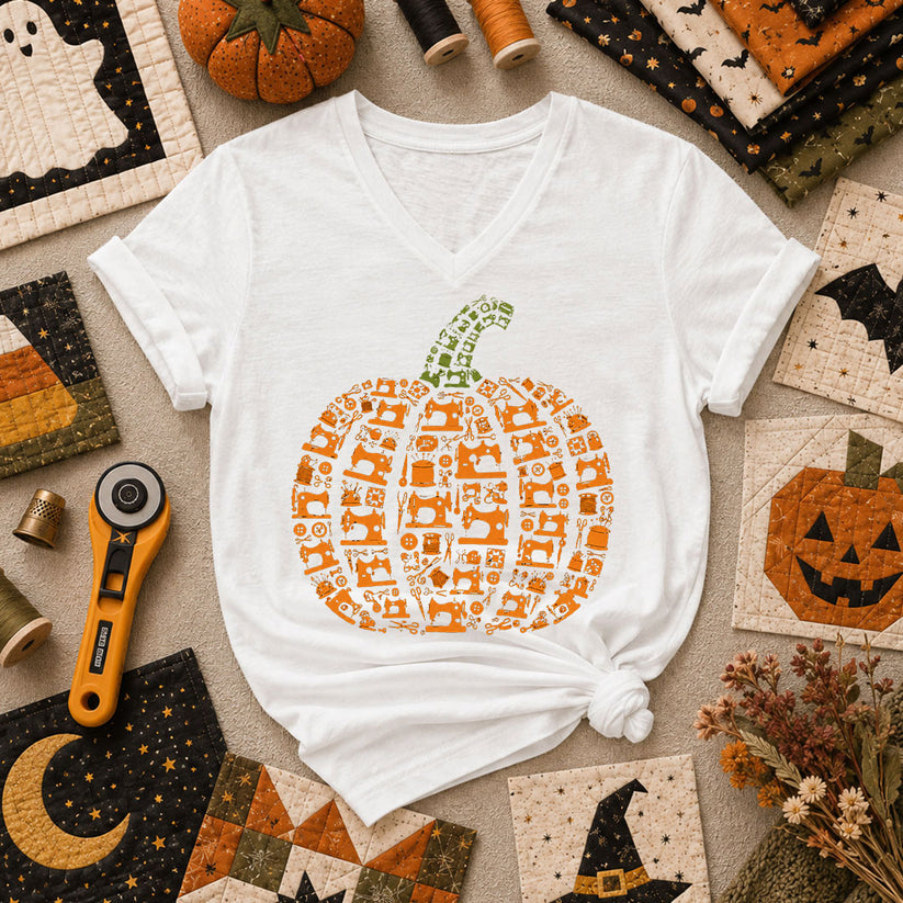 Sewing Machine Pumpkin Halloween Women's V-Neck - White