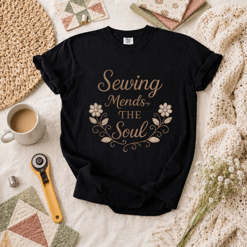 Sewing Mends The Soul Floral T-Shirt - Black
