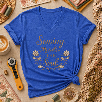 Sewing Mends The Soul Floral Women's V-Neck - Heather True Royal