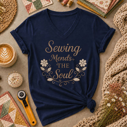 Sewing Mends The Soul Floral Women's V-Neck - Navy