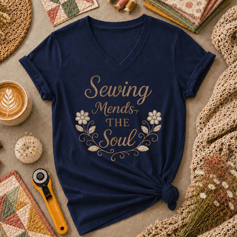 Sewing Mends The Soul Floral Women's V-Neck - Navy