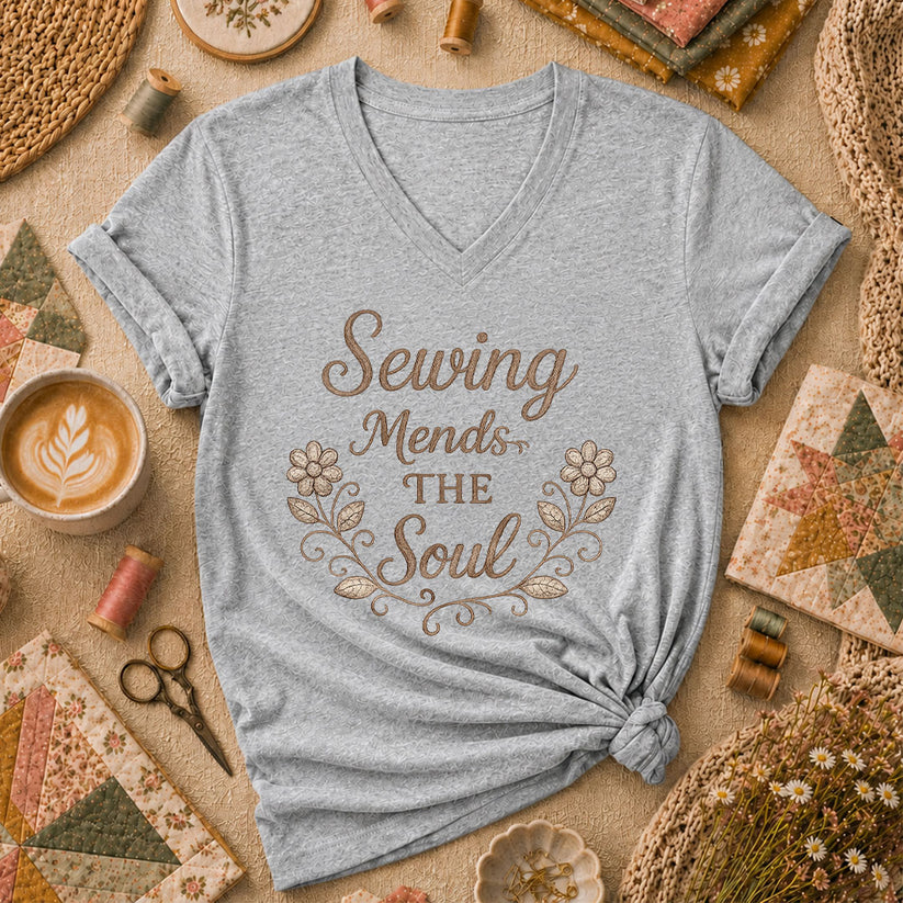 Sewing Mends The Soul Floral Women's V-Neck - Sport Grey