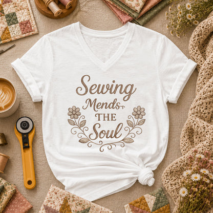 Sewing Mends The Soul Floral Women's V-Neck - White