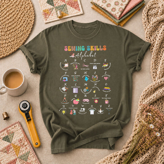 Sewing Skills Alphabet Sewing Tips A To Z T-Shirt - Military Green