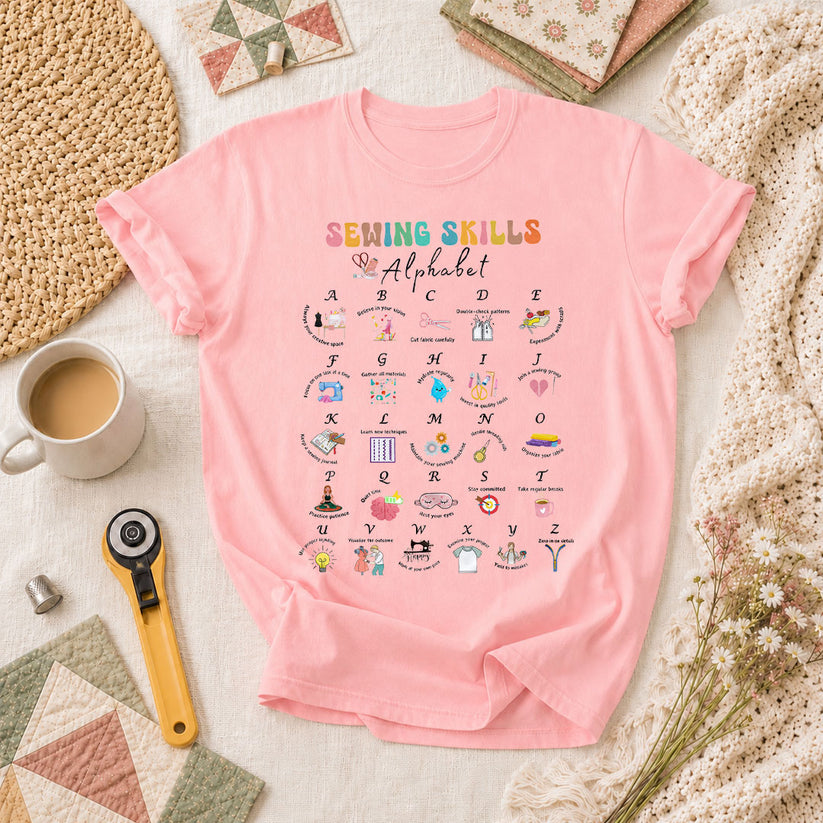 Sewing Skills Alphabet Sewing Tips A To Z T-Shirt - Pink
