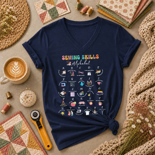 Sewing Skills Alphabet Sewing Tips A To Z Women's V-Neck - Navy