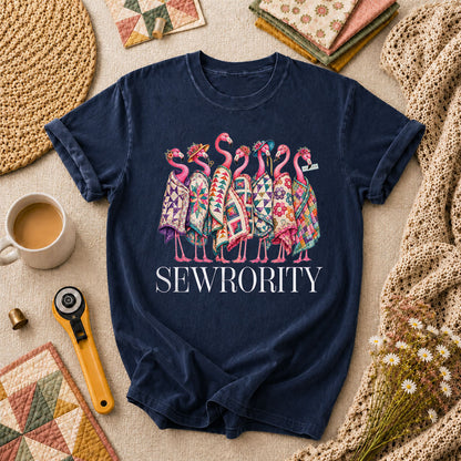 Sewrority Flamingos Quilt Blankets T-Shirt - Navy