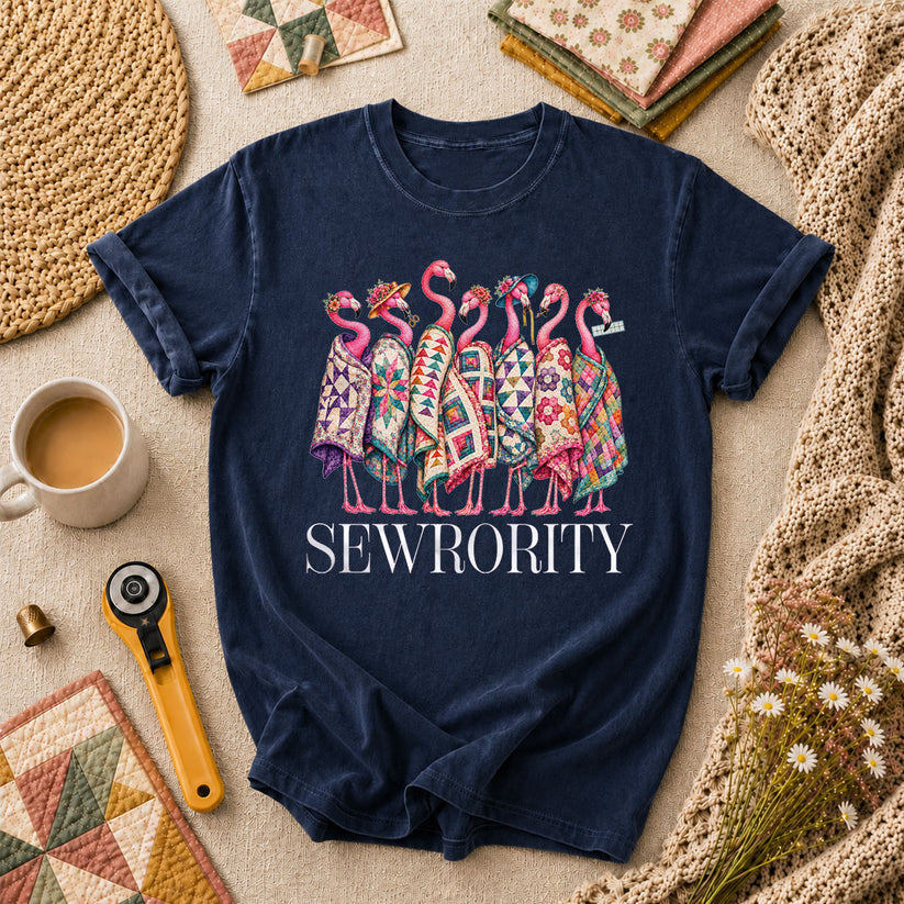 Sewrority Flamingos Quilt Blankets T-Shirt - Navy