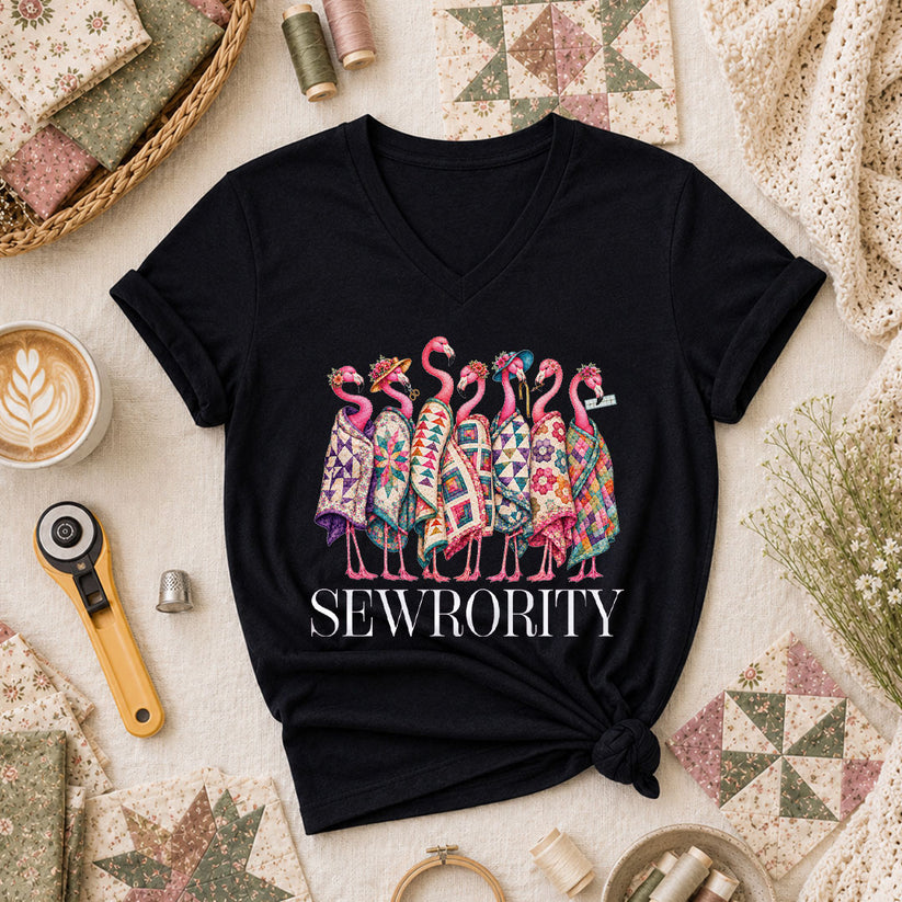 Sewrority Flamingos Quilt Blankets Women's V-Neck - Black