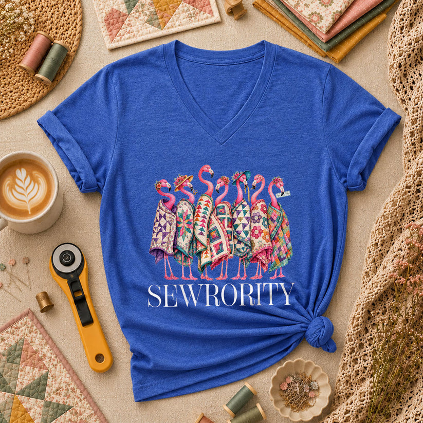 Sewrority Flamingos Quilt Blankets Women's V-Neck - Heather True Royal