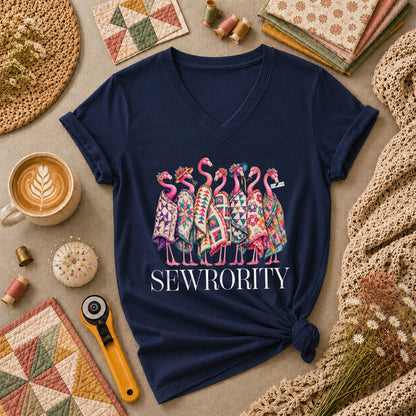 Sewrority Flamingos Quilt Blankets Women's V-Neck - Navy