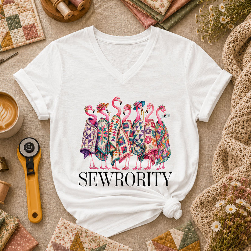 Sewrority Flamingos Quilt Blankets Women's V-Neck - White