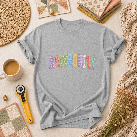 Sewrority Patchwork Fabric Letters T-Shirt - Athletic Heather