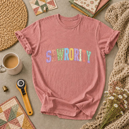 Sewrority Patchwork Fabric Letters T-Shirt - Heather Mauve