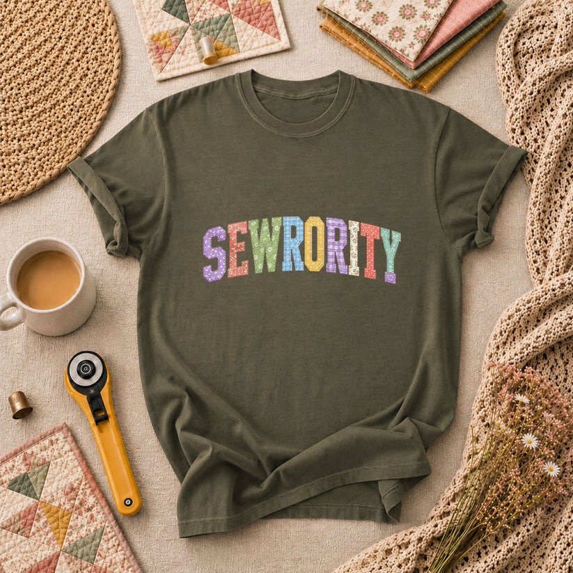 Sewrority Patchwork Fabric Letters T-Shirt - Military Green