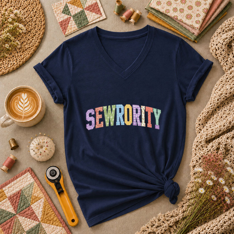 Sewrority Patchwork Fabric Letters Women's V-Neck - Navy