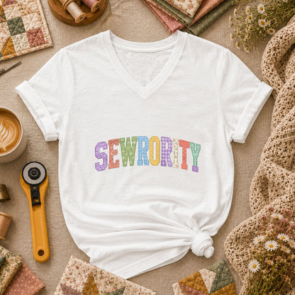 Sewrority Patchwork Fabric Letters Women's V-Neck - White