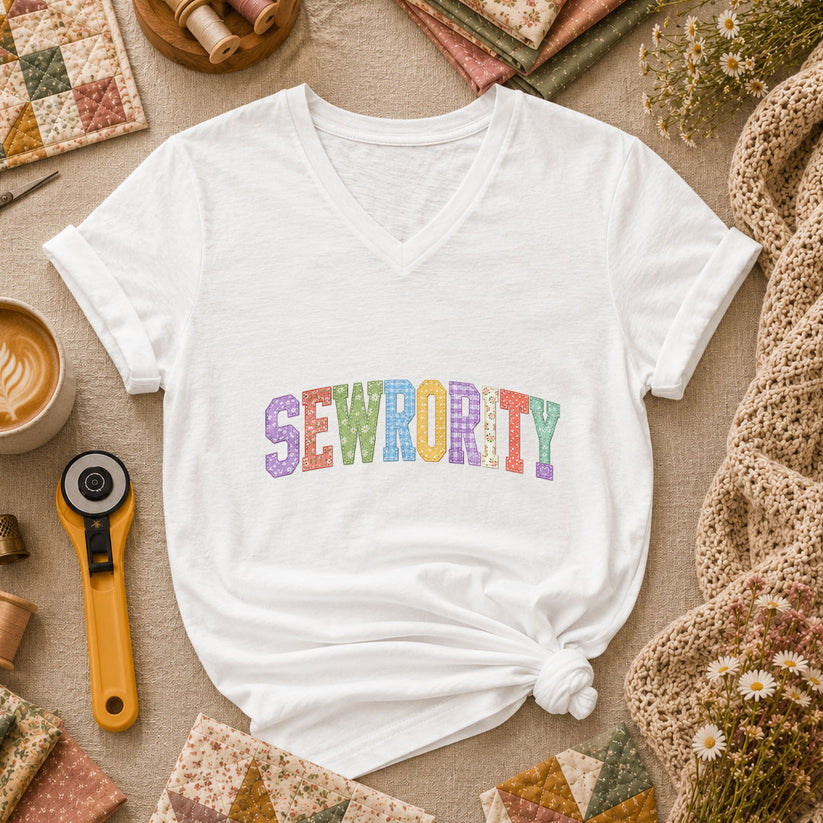 Sewrority Patchwork Fabric Letters Women's V-Neck - White