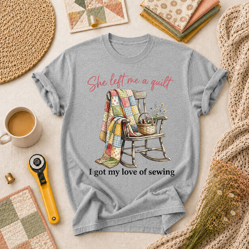 She Left Me A Quilt I Got My Love Of Sewing Rocking Chair T-Shirt - Athletic Heather
