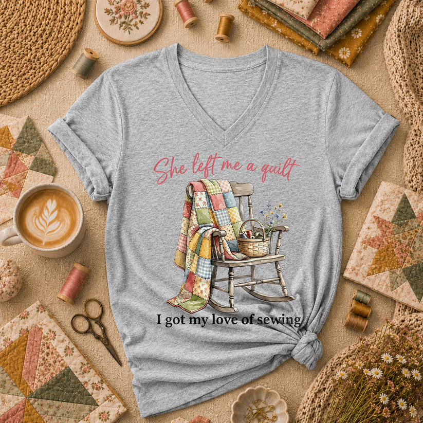 She Left Me A Quilt I Got My Love Of Sewing Rocking Chair Women's V-Neck - Athletic Heather
