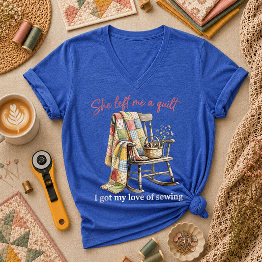 She Left Me A Quilt I Got My Love Of Sewing Rocking Chair Women's V-Neck - Heather True Royal
