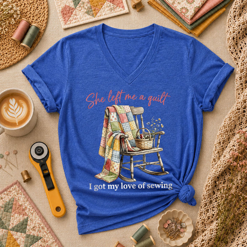 She Left Me A Quilt I Got My Love Of Sewing Rocking Chair Women's V-Neck - Heather True Royal