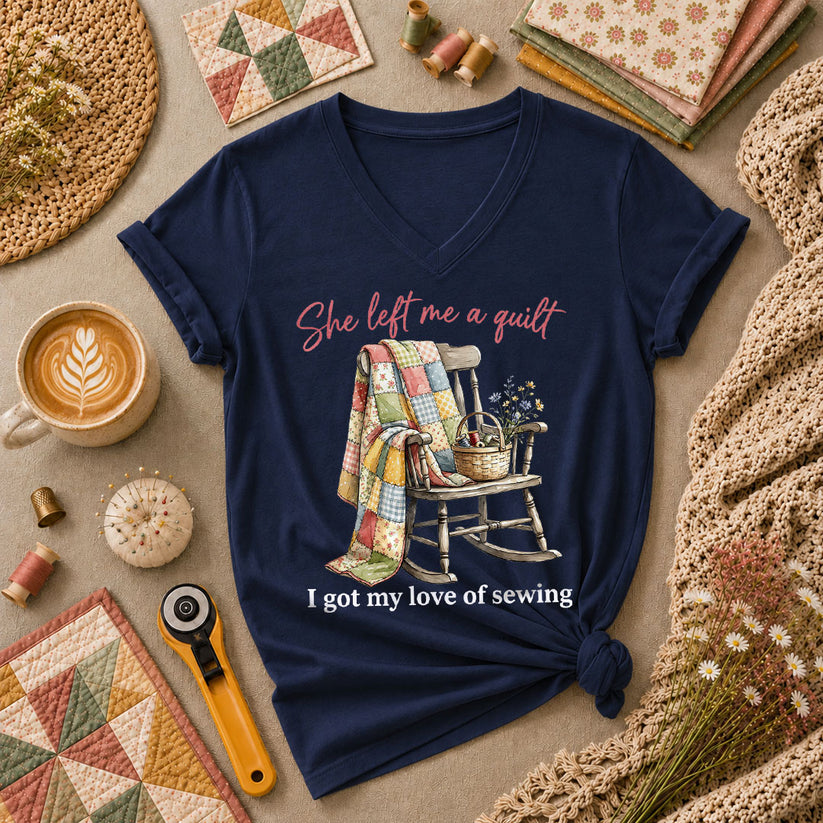 She Left Me A Quilt I Got My Love Of Sewing Rocking Chair Women's V-Neck - Navy