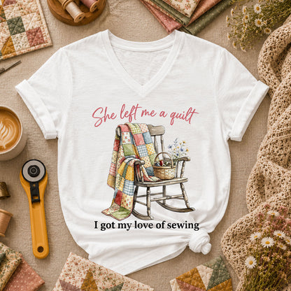 She Left Me A Quilt I Got My Love Of Sewing Rocking Chair Women's V-Neck - White