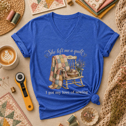 She Left Me A Quilt Women's V-Neck - Heather True Royal