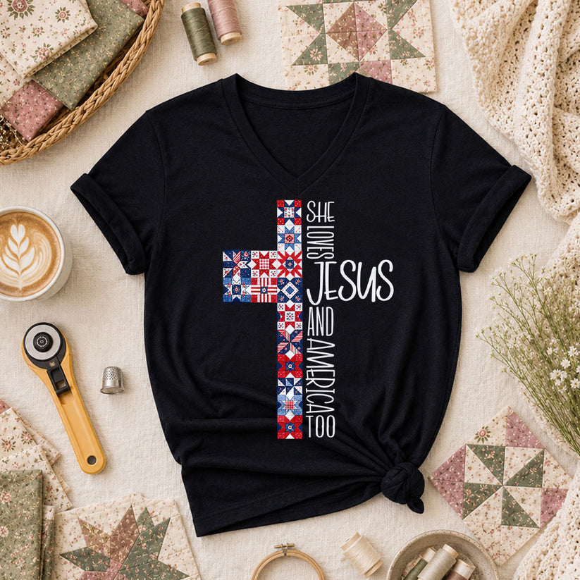She Loves Jesus And America Too Women's V-Neck - Black