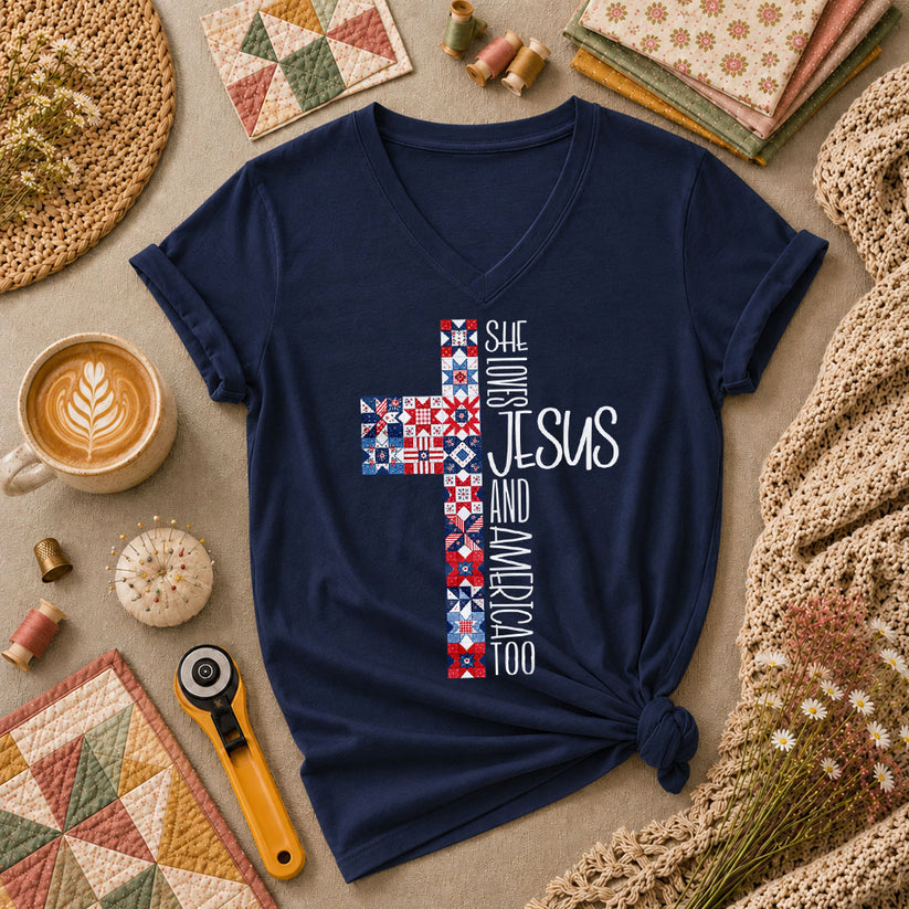 She Loves Jesus And America Too Women's V-Neck - Navy