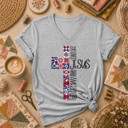 She Loves Jesus And America Too Women's V-Neck - Sport Grey