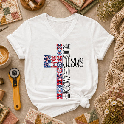 She Loves Jesus And America Too Women's V-Neck - White