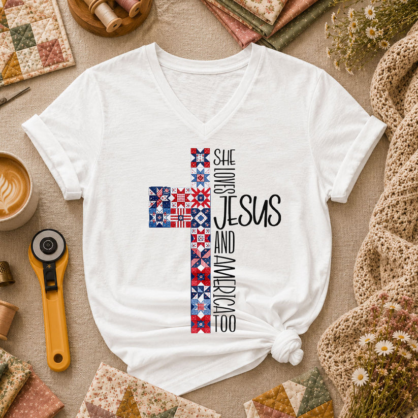 She Loves Jesus And America Too Women's V-Neck - White