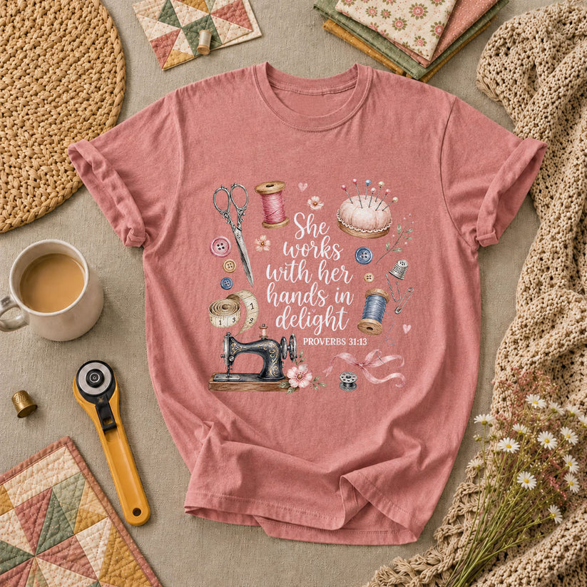 She Works With Her Hands In Delight Proverbs 31 13 T-Shirt - Heather Mauve