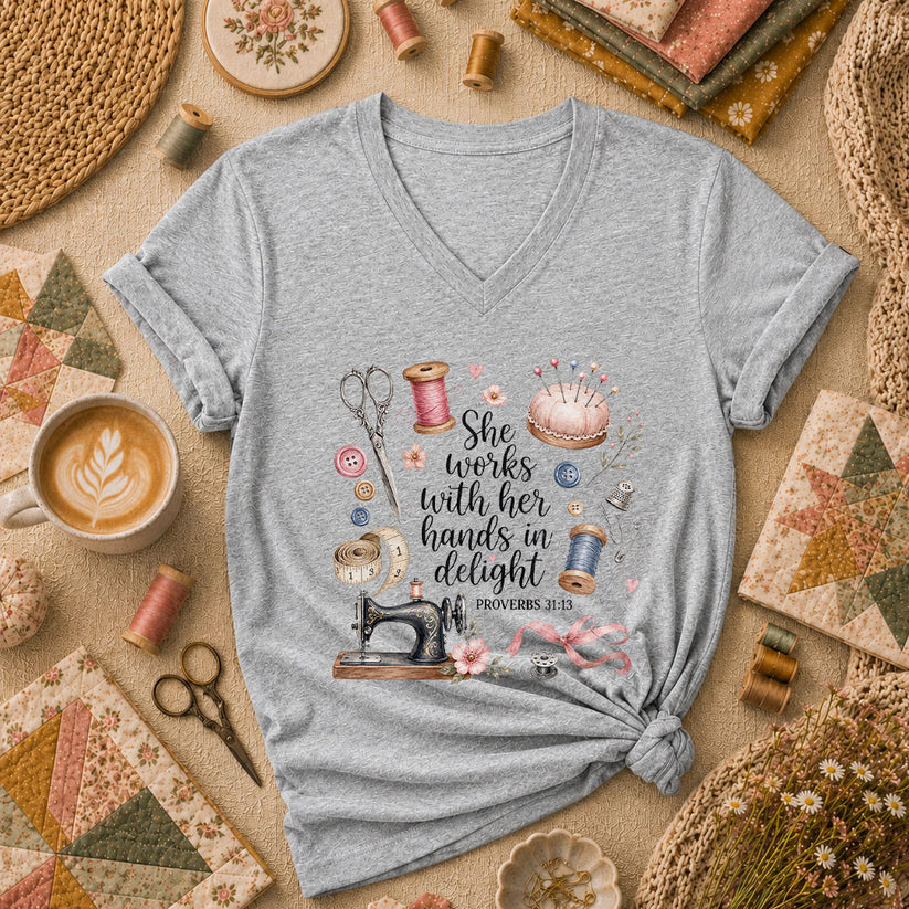 She Works With Her Hands In Delight Proverbs 31 13 Women's V-Neck - Athletic Heather