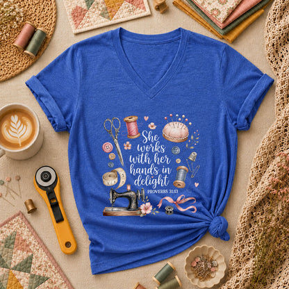 She Works With Her Hands In Delight Proverbs 31 13 Women's V-Neck - Heather True Royal