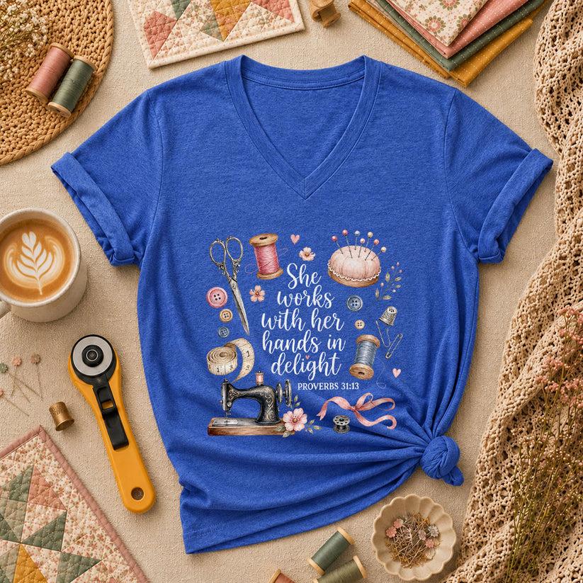 She Works With Her Hands In Delight Proverbs 31 13 Women's V-Neck - Heather True Royal