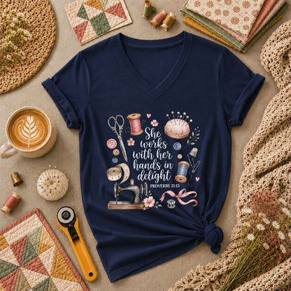 She Works With Her Hands In Delight Proverbs 31 13 Women's V-Neck - Navy