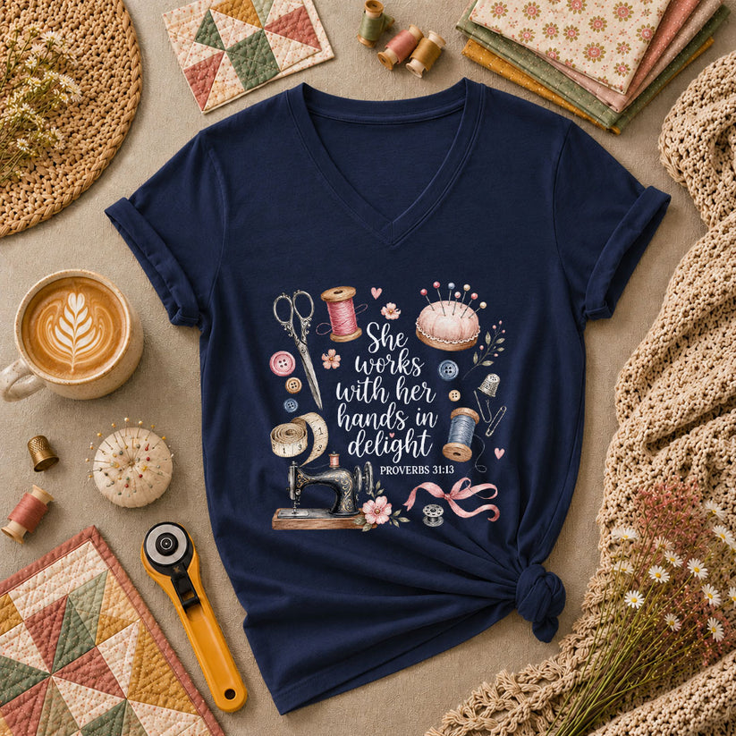 She Works With Her Hands In Delight Proverbs 31 13 Women's V-Neck - Navy