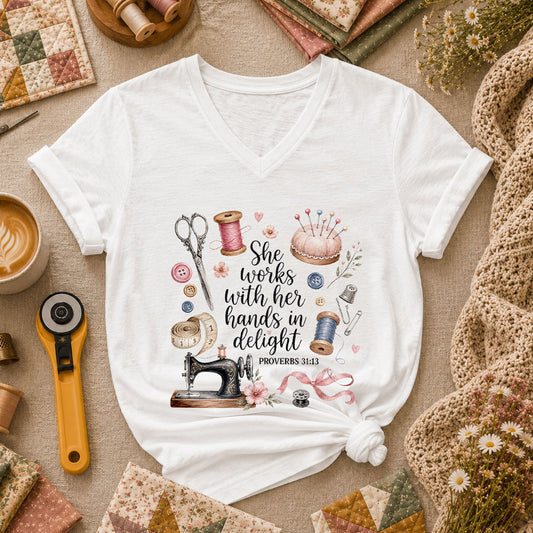 She Works With Her Hands In Delight Proverbs 31 13 Women's V-Neck - White