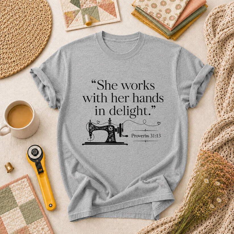 She Works With Her Hands In Delight Proverbs 31 Sewing Machine T-Shirt - Athletic Heather