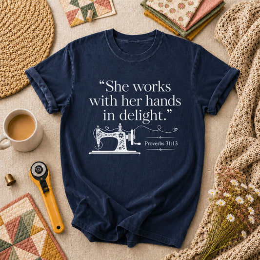 She Works With Her Hands In Delight Proverbs 31 Sewing Machine T-Shirt - Navy