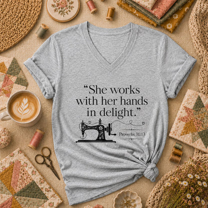 She Works With Her Hands In Delight Proverbs 31 Sewing Machine Women's V-Neck - Athletic Heather
