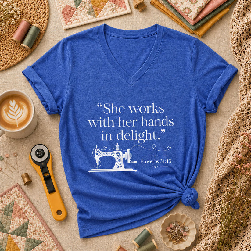 She Works With Her Hands In Delight Proverbs 31 Sewing Machine Women's V-Neck - Heather True Royal