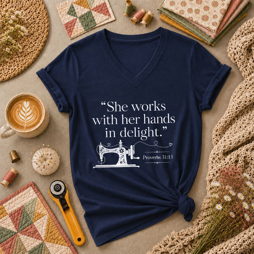 She Works With Her Hands In Delight Proverbs 31 Sewing Machine Women's V-Neck - Navy