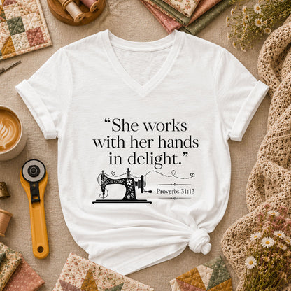 She Works With Her Hands In Delight Proverbs 31 Sewing Machine Women's V-Neck - White