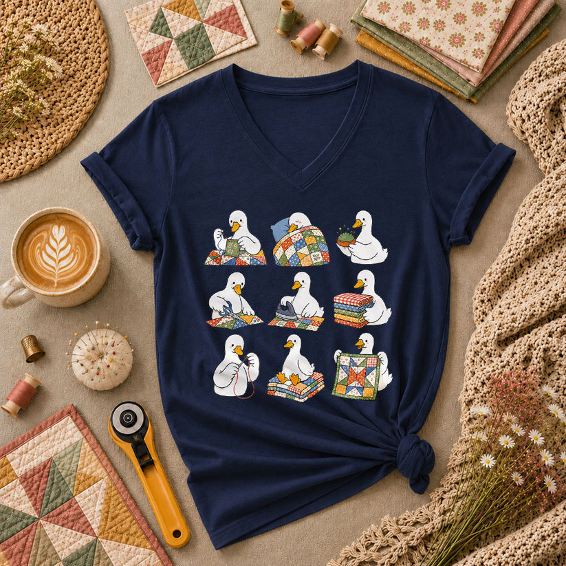 Silly Goose Quilting Squad Women's V-Neck - Navy