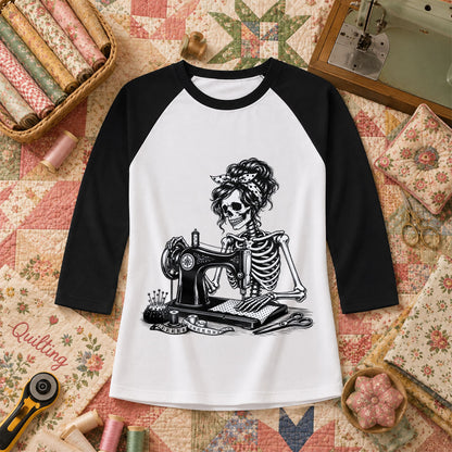 Skeleton Bandana Woman Sewing Machine Vintage Raglan Sleeve - Black