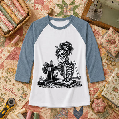 Skeleton Bandana Woman Sewing Machine Vintage Raglan Sleeve - Denim